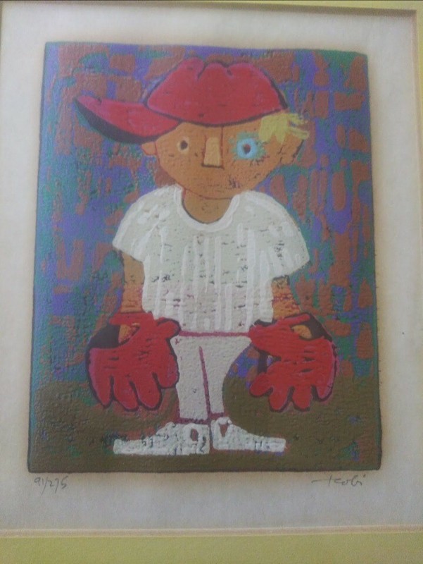 Modernist Al Robi Baseball Boy «Red Two Gloves» Linocut Abstract Artwork