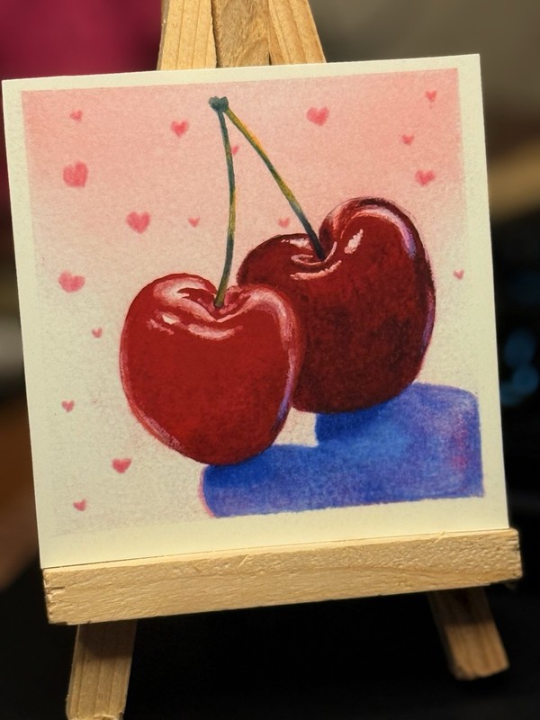 PRINT Watercolor Gouache Pencil Cherries painting mini art card aceo