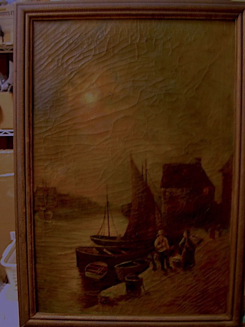 Fisherman Wharf ANTIQUE TONALIST OIL onCanvas PAINTING 19th c SIGNED: F. Harris