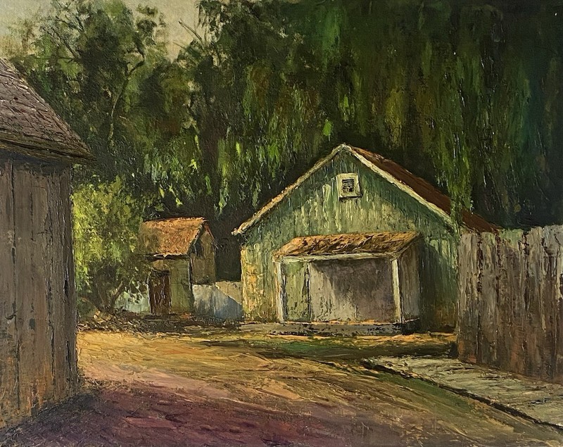 Mid Century 60s CA Plein Air Impressionism Eucalyptus Sunlit Path Shack Painting gallery