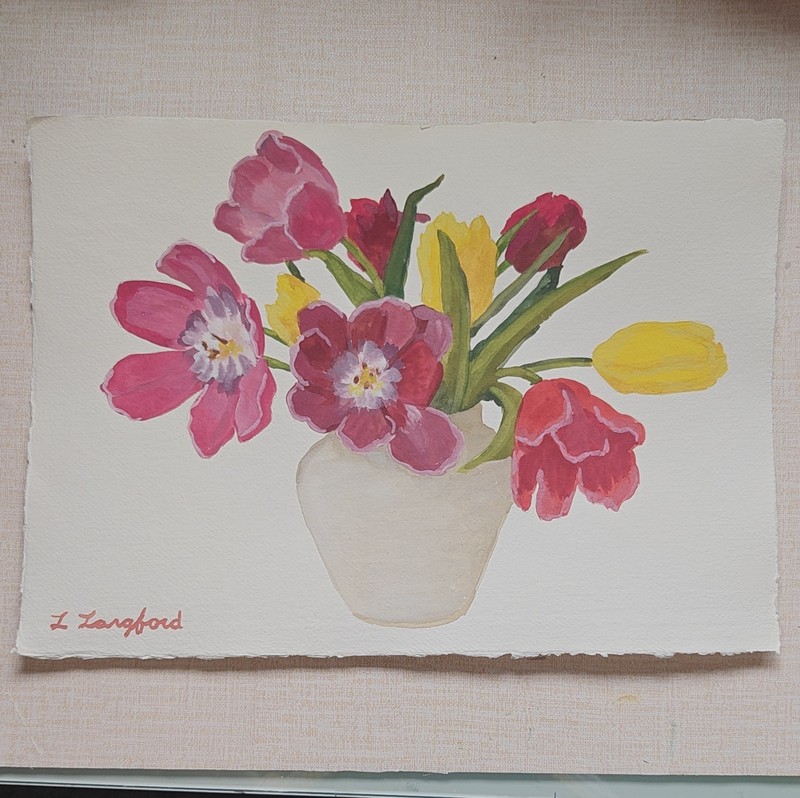 Original Large Tulip Floral Gouache Painting on Handmade Paper 17×12