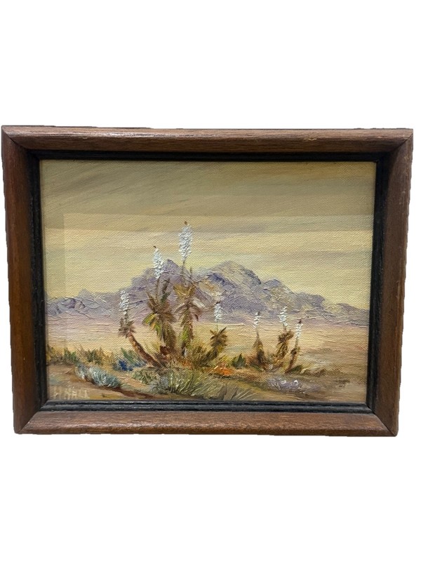 Vintage Framed SIGNED H. HALL Oil Painting Southwest Desert Mountains Blooms Art
