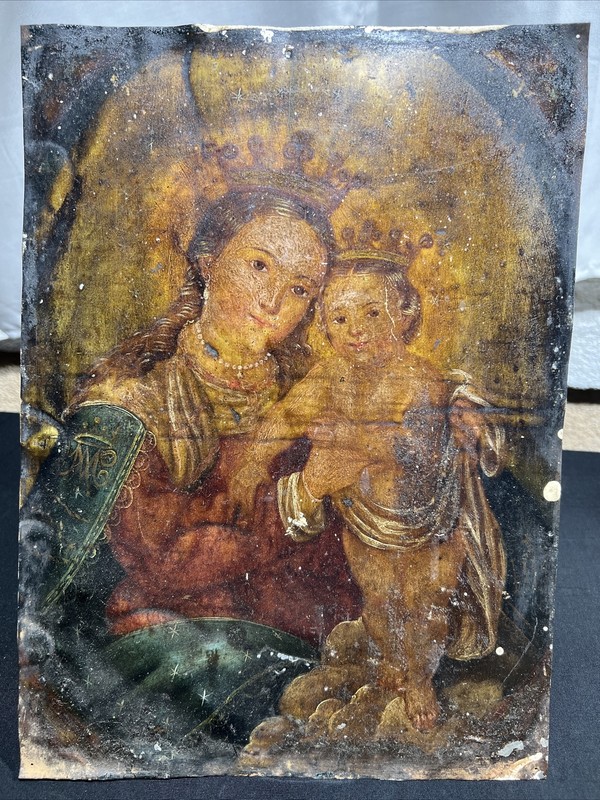 Vintage Retablo 18th/19th Century Mexico Oil/Tin Painting Our Lady Refuge