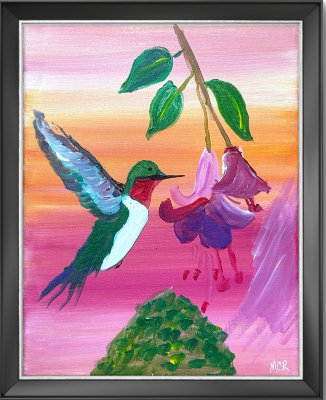 Hummingbird Flower Pink Bird Original Signed Mixed Media Art Painting 11×14 OOAK