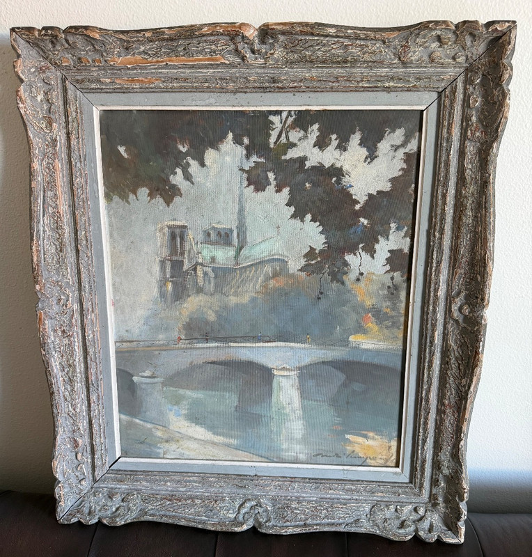 French mid century Notre Dame painting mystery artist illegible signature?