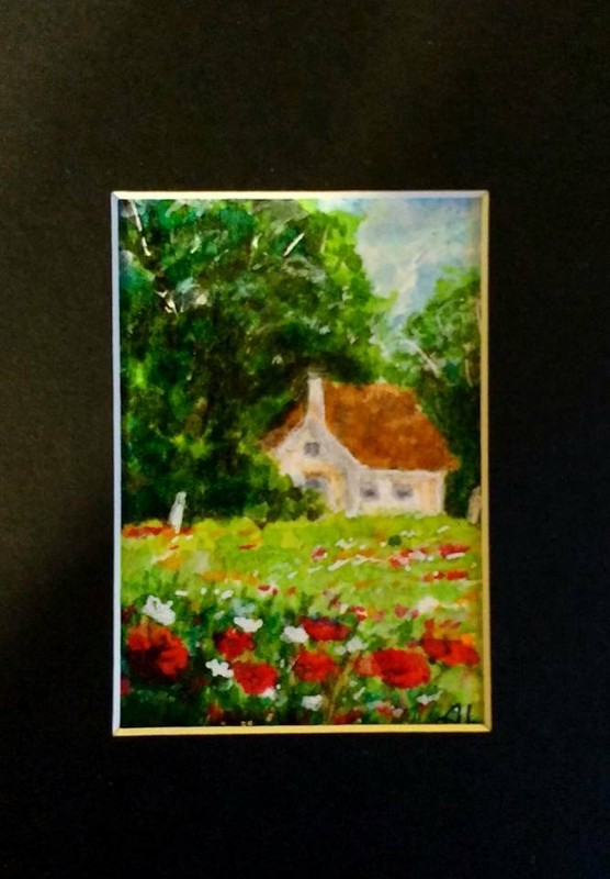 7 X 5″ Print of Original Gorgeous Poppy Landscape with Lil House in Tree Shade