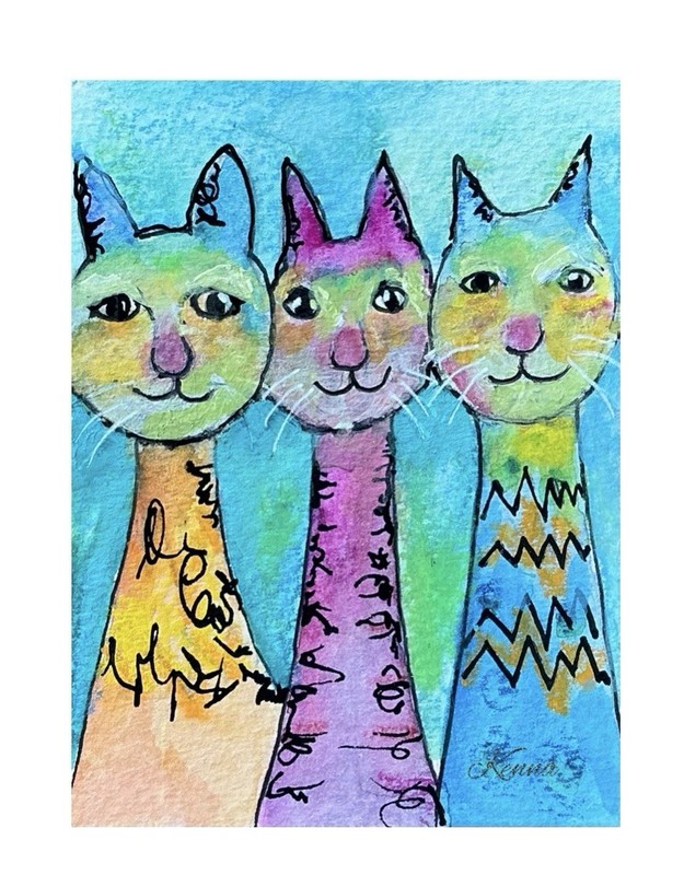 Aceo by Kenna Cat Painting Watercolour Three Cats 2.5” X 3.5” Signed
