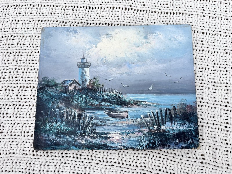Everett Woodson Lighthouse Scene Oil On Canvas Painting