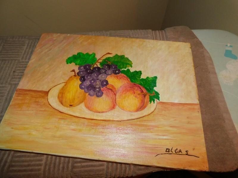 Fruit Platter Original Oil Painting Pear Peach Grapes Vintage Signed Olga S