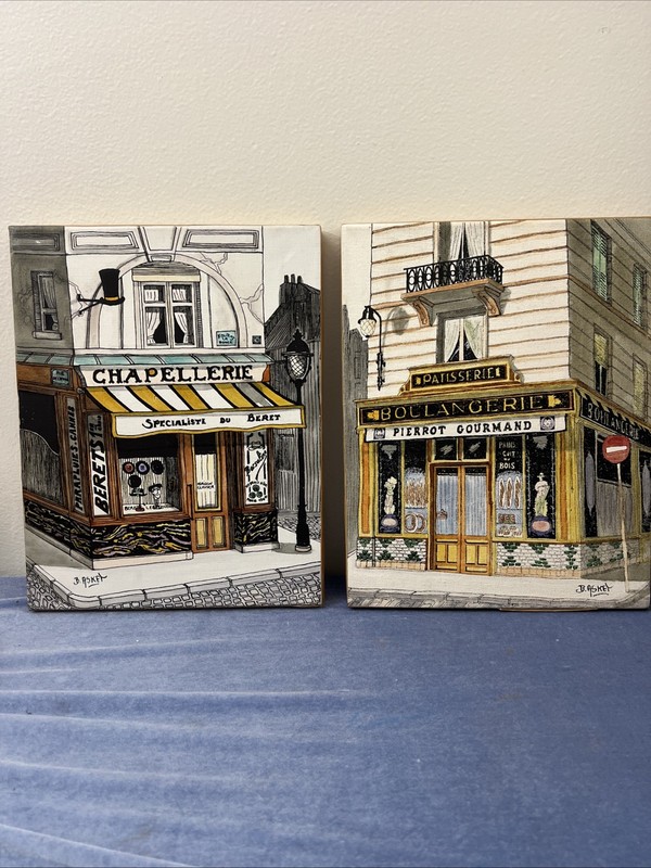 Pair Yves B Asket Original Paris Shop Scene Paintings Chapellerie Bakery 14×11