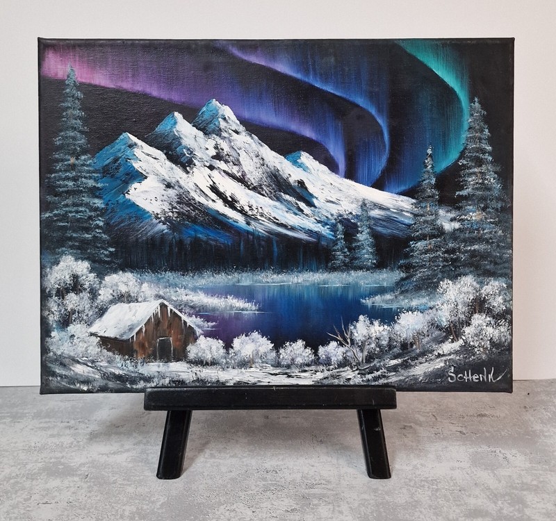 Oil Painting Northern Lights Cabin Bob Ross Style Landscape Art Aurora Borealis