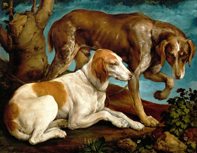 Art Giclee Printed Oil Painting Print Two Hunting Dogs Tied to a Tree Stump