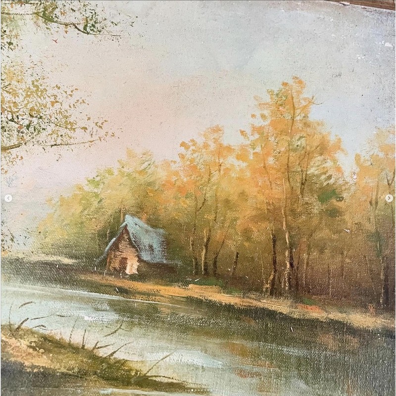 Vintage Oil Painting Autumn Lake House Stretched Canvas Paper Board Framed gallery