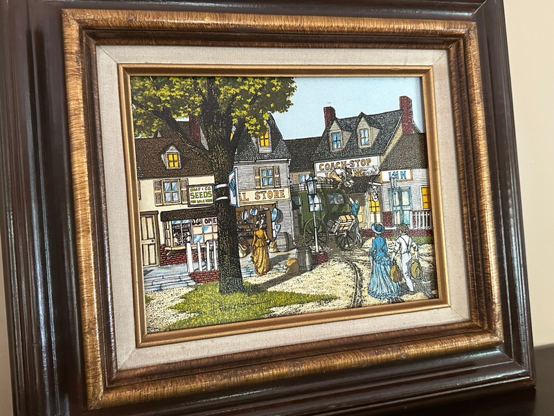 1985 - Signed H. Hargrove - General Store/Coach-Stop Serigraph on Canvas -Framed gallery
