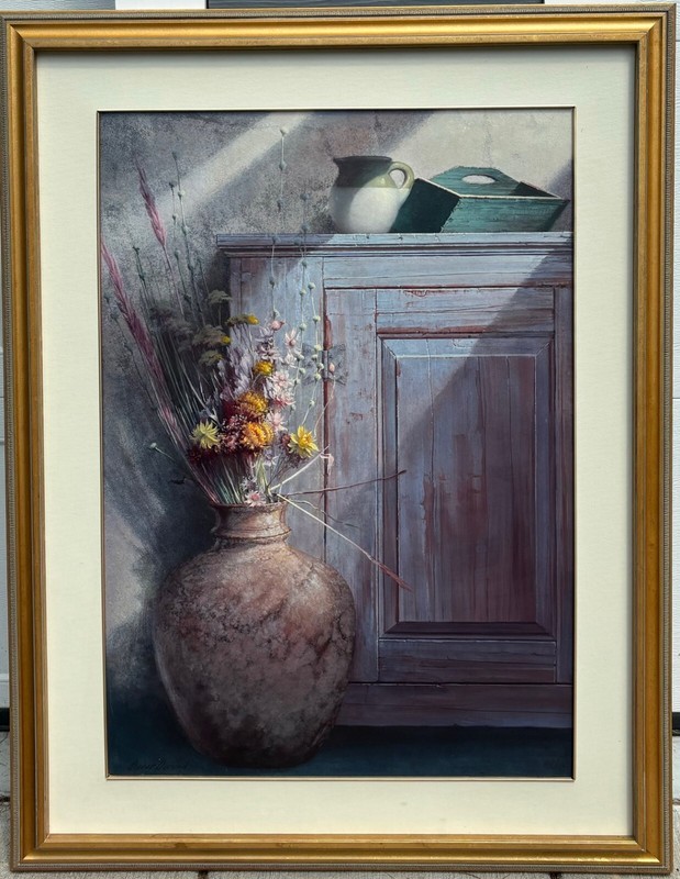 OSCAR DURAND New England Still Life w Painted KNIFE BOX & Flowers PAINTING