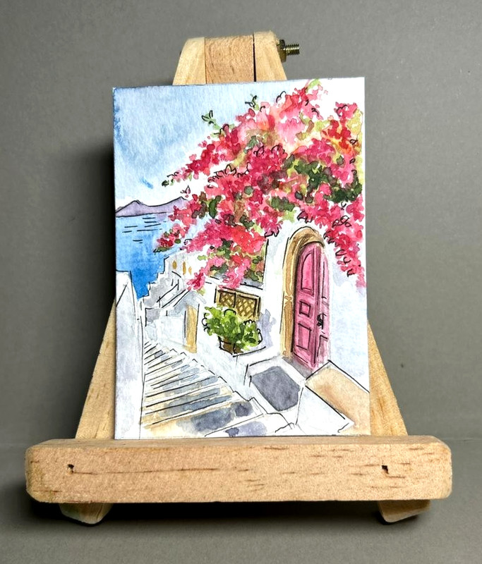 Watercolor ACEO Original Painting Santorini Greece Mediterranean Village Floral