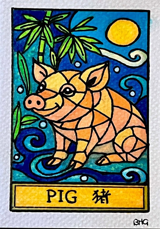 ACEO Original Art, Tiny Art, ATC – Watercolor – Chinese Zodiac – Pig