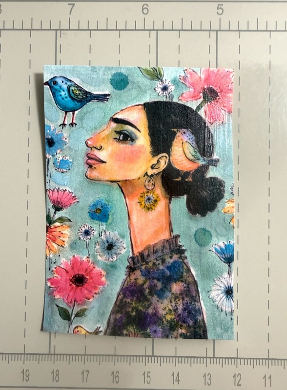 OOAK Woman & Birds ACEO Mixed Media Art Whimsical Portrait Miniature by AdriO gallery