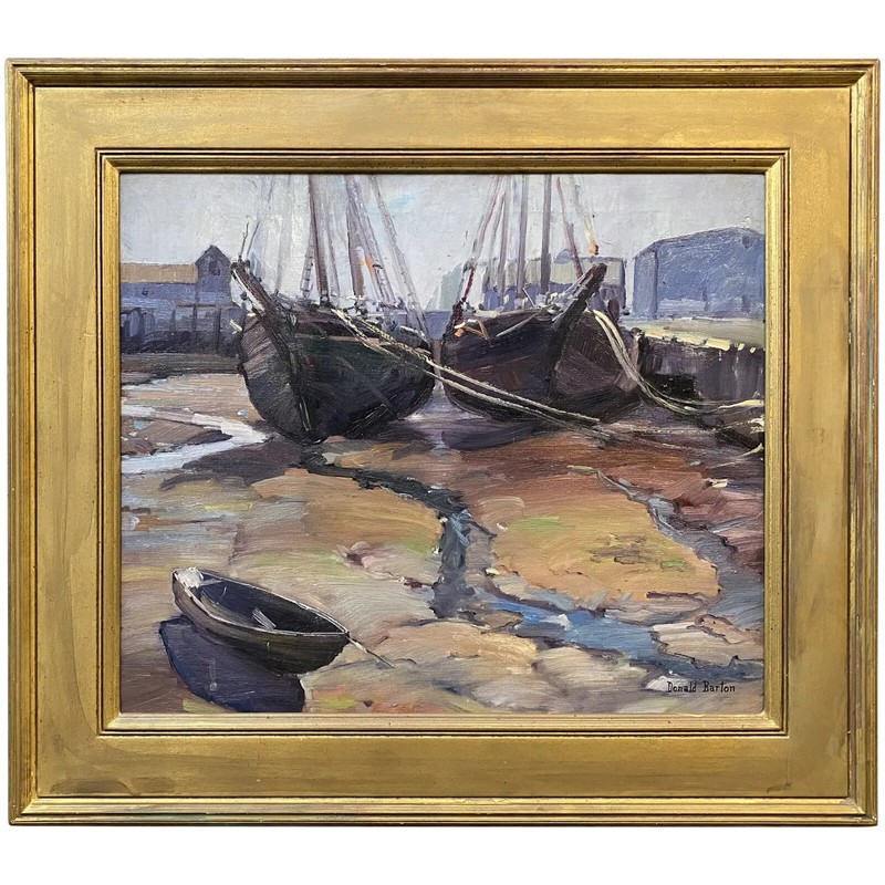 Donald Blagge Barton Marine Oil Painting, Granite Boats, Rockport Harbor 1931