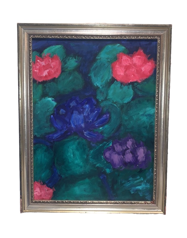 Contemporary Water Lily Flowers Canvas Modern 21.75”x27.75” Pink Purple Framed gallery