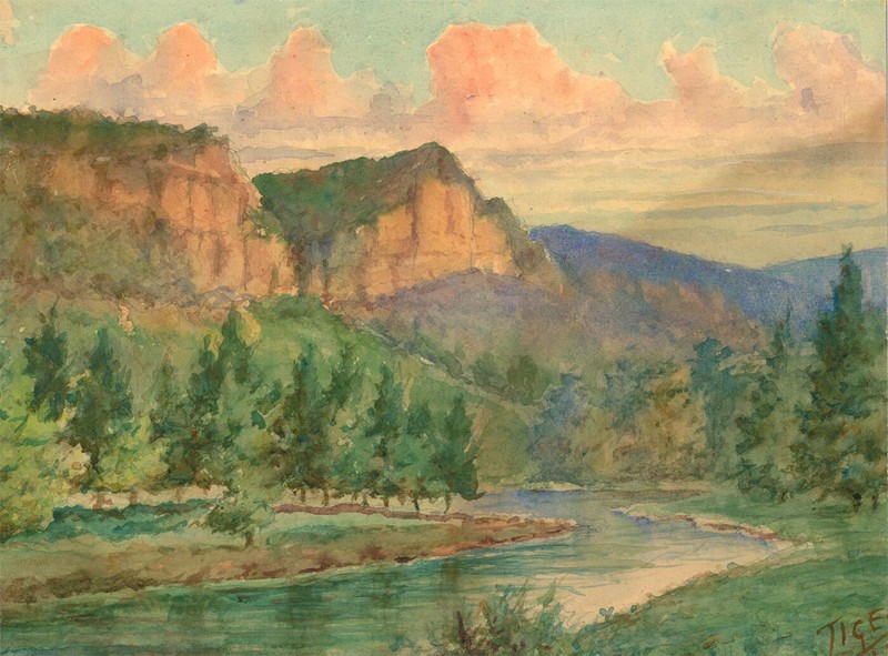 Tiger – 20th Century Watercolour, Mountains at Sunset
