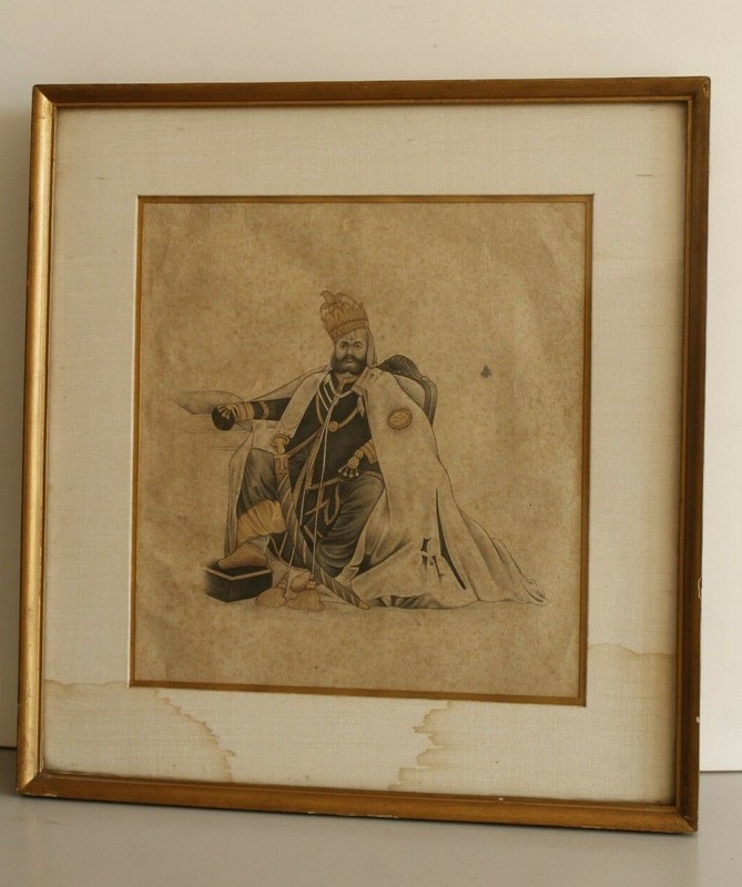 Miniature Portrait Of Indian Ruler Fine Art Painting With Frame 11.75×11 Inches