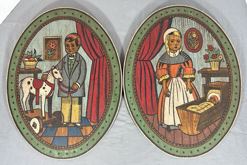 2 Vintage Colonial Style Paint By Number Wood Wall Art Boy Horse, Mother Child