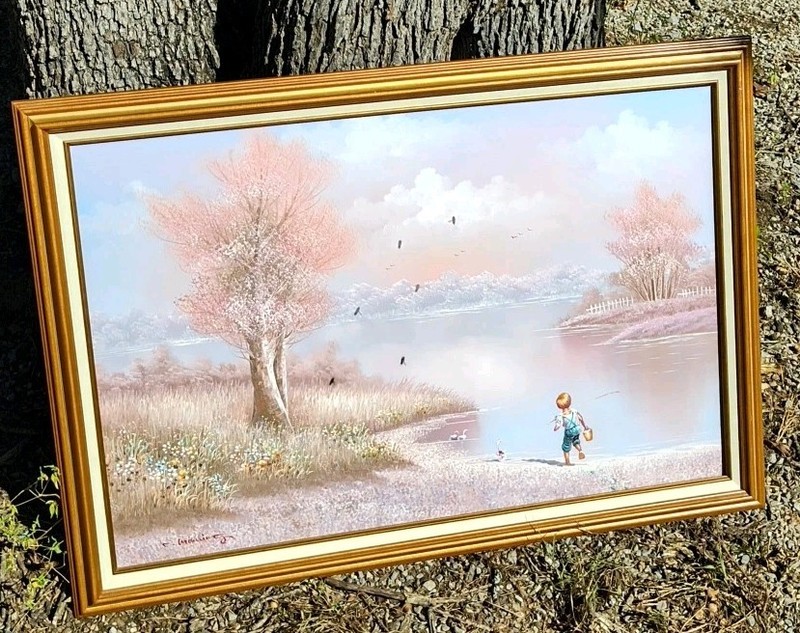 Original Painting C. Manning Canvas Boy Fishing At Pond Floral Framed 40″ X 29”