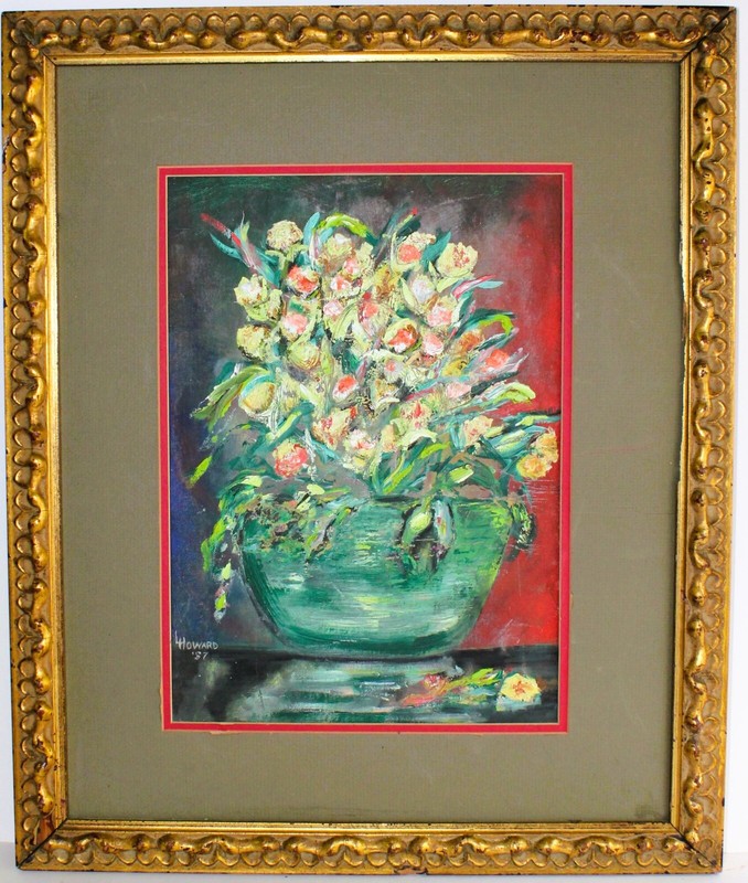 VINTAGE IMPASTO OIL PAINTING ON WOOD SIGNED L HOWARD 1957 FLOWERS STILL LIFE
