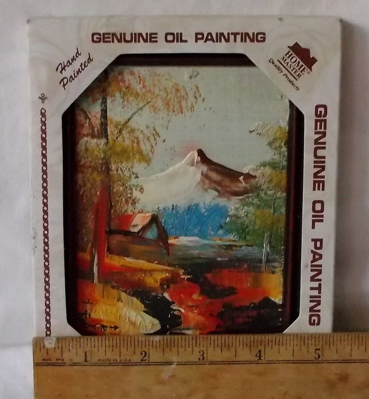 Mountain/Cabin/Lake Sterling Hand Painted Genuine Oil Painting 3 1/2" X 4" gallery