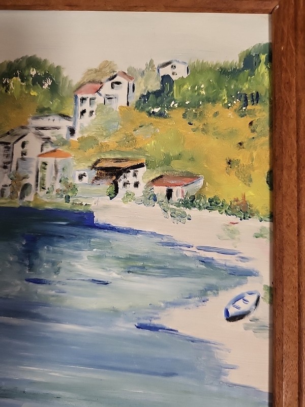 Vintage Oil on Board Painting 8" x 10" Framed Village on Shoreline Signed nh gallery