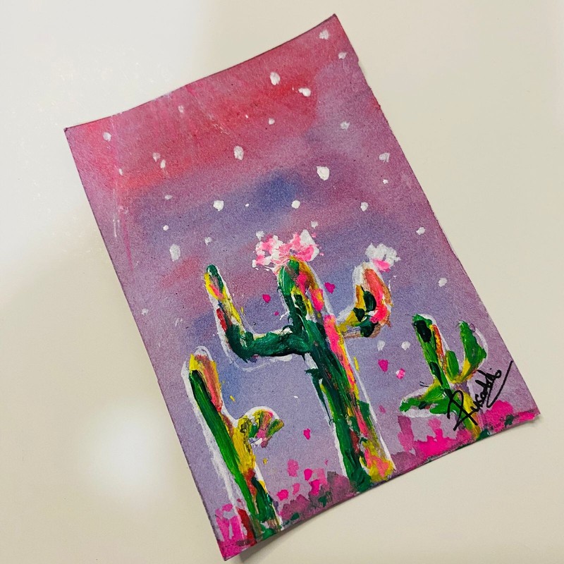 ACEO Desert Cactus Art Hand-Painted Miniature Pink Sky & Flowers Art Card New gallery