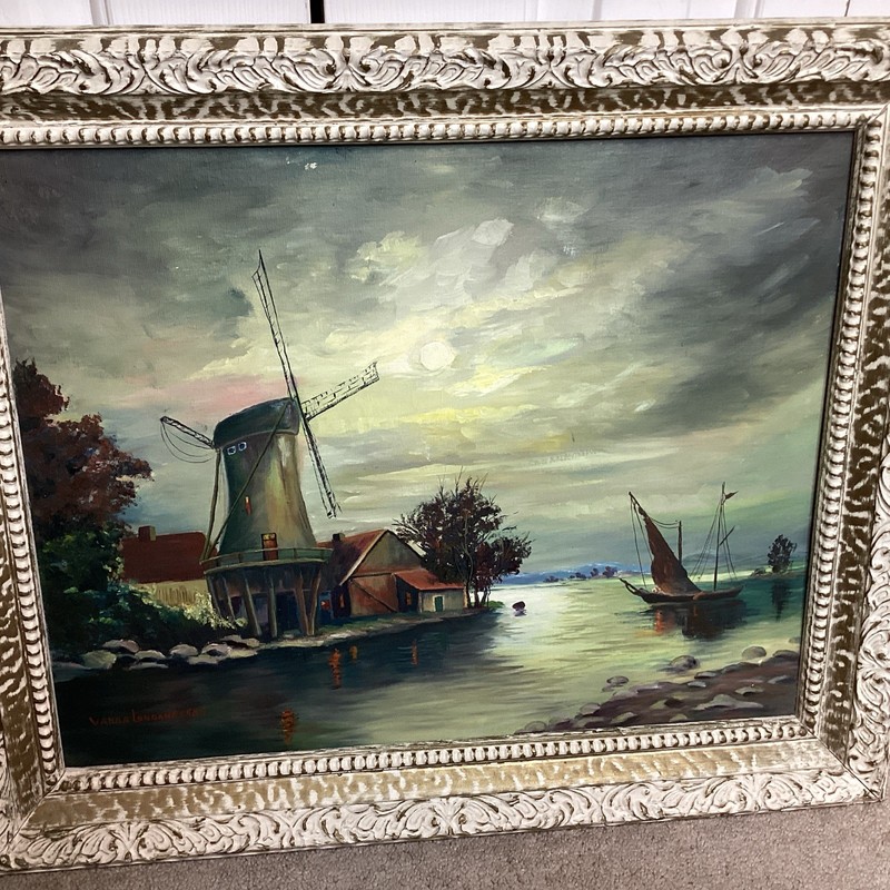 Original 1967 Signed Oil Painting – Moody Dutch Windmill in Ornate Gilded Frame