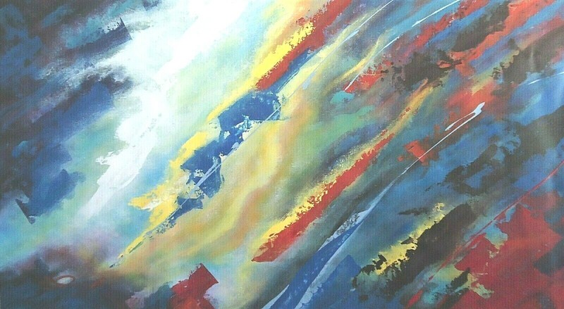 ORIGINAL PAINTING large Signed «Volcanic» 31×54 red blue yellow by Steven Graff