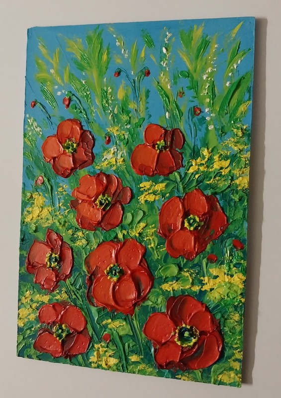 Framed Red Poppies Summer Wild Flowers Art 4x6" Impasto Oil Painting Original gallery
