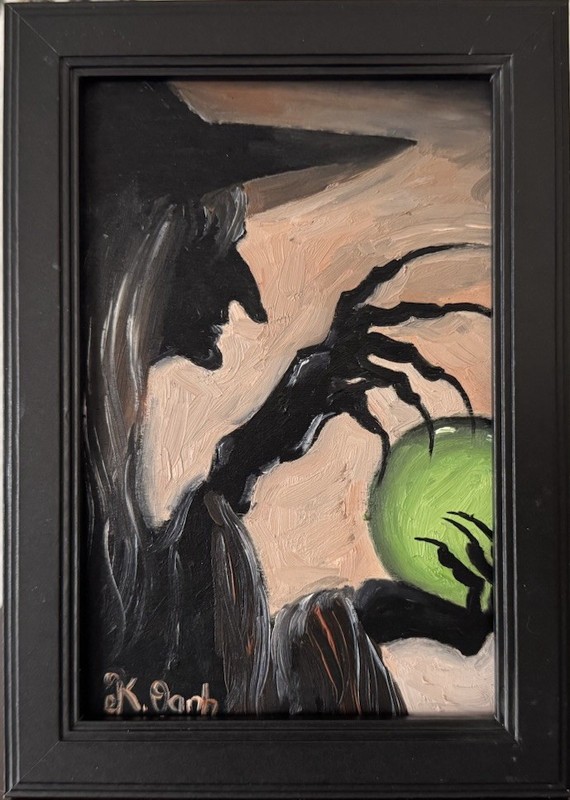 ORIGINAL OIL PAINTING WITCH AUTUMN HALLOWEEN SIGNED FRAMED 4×6