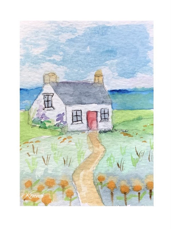 Aceo Painting By Kenna Original collector Card White Cottage Art 2.5”X 3.5”