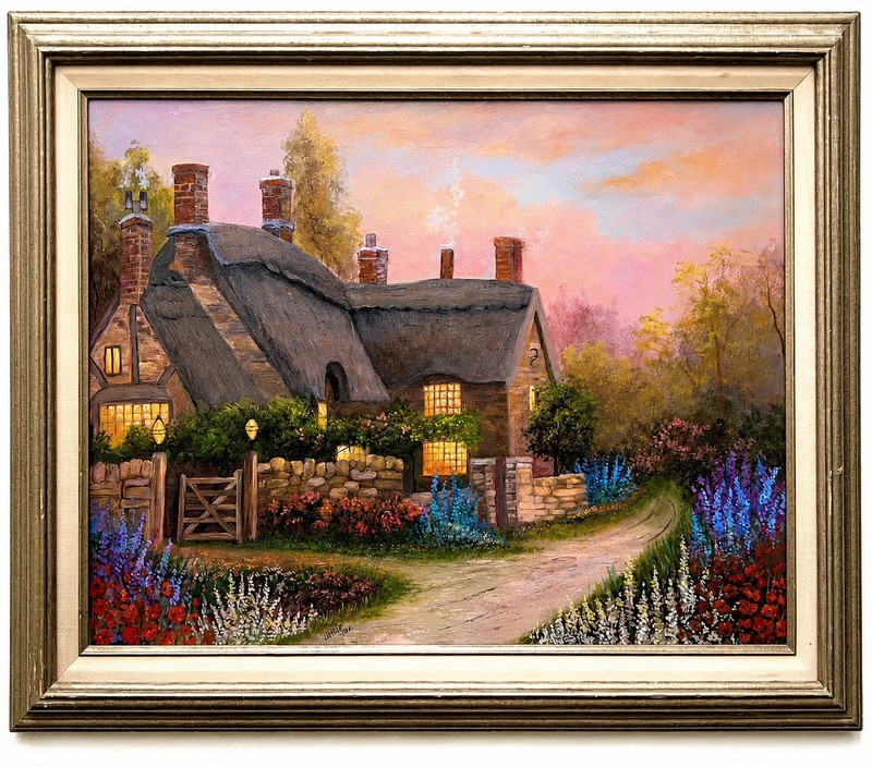 Large Vintage Original Cottage Landscape Oil Painting Framed English Garden