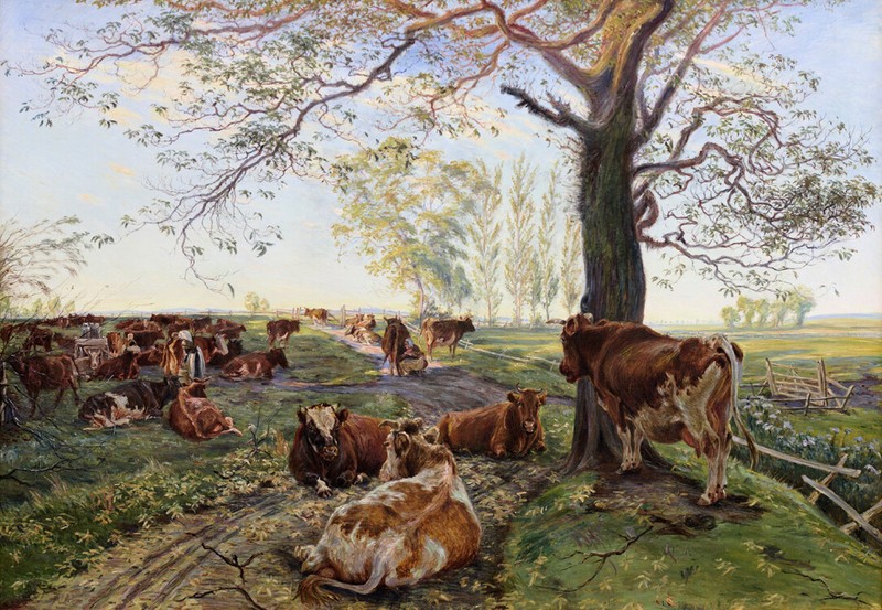 Art Giclee Printed Oil Painting Print Cows ranch scene Wall