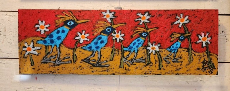 John Sperry Outsider Southern Primitive bird Folk Art BlueBirds Painting