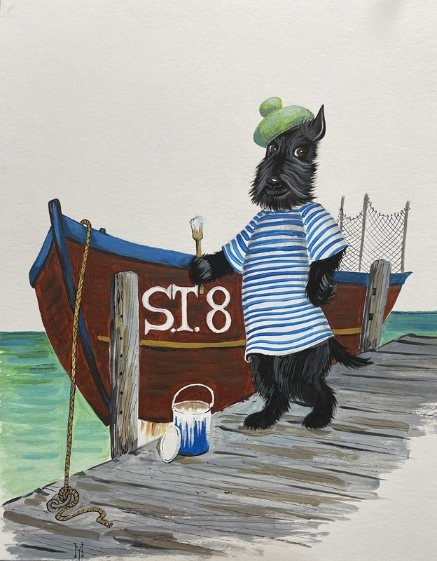 Original PAINTING SCOTTISH TERRIER RYTA dog folk art hand painted sea boat lake