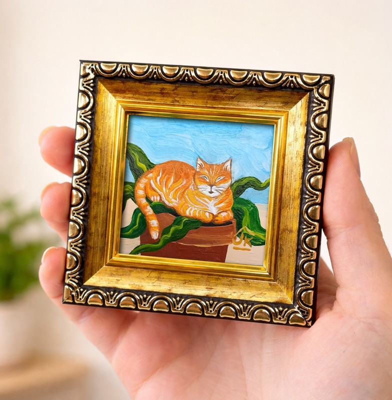 Orange Cat in Flower Pot Mini Oil Painting Original Cat Art Cat Lover Gift gallery