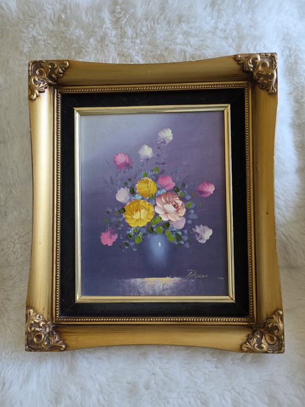 Vintage Gold Framed Floral Wall Art – Multicolor Flowers Painting By DONA