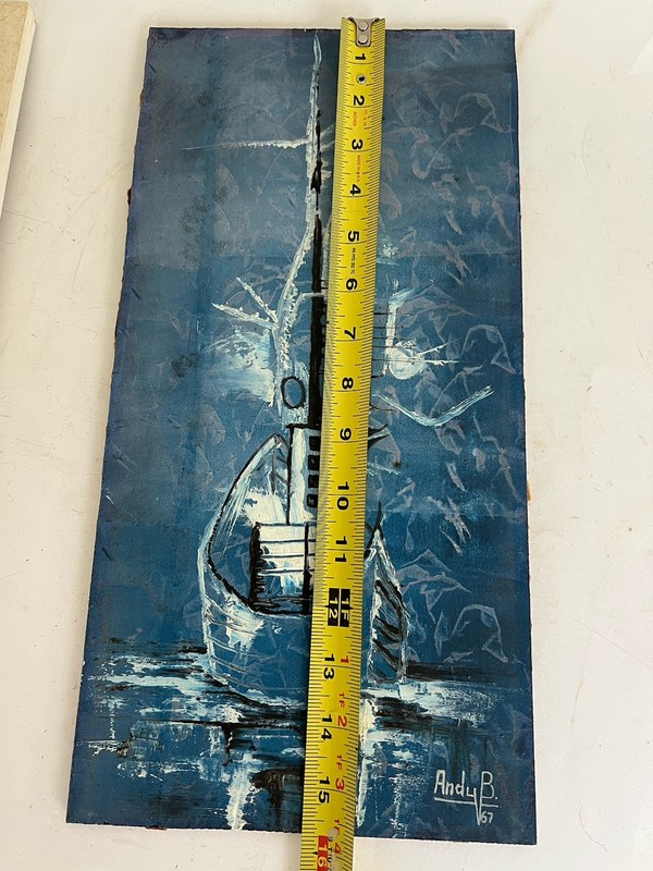 VTG MCM Signe 1967 ANDY B Blue Abstract Fish Ship Vessel Thick Palette Oil Paint gallery