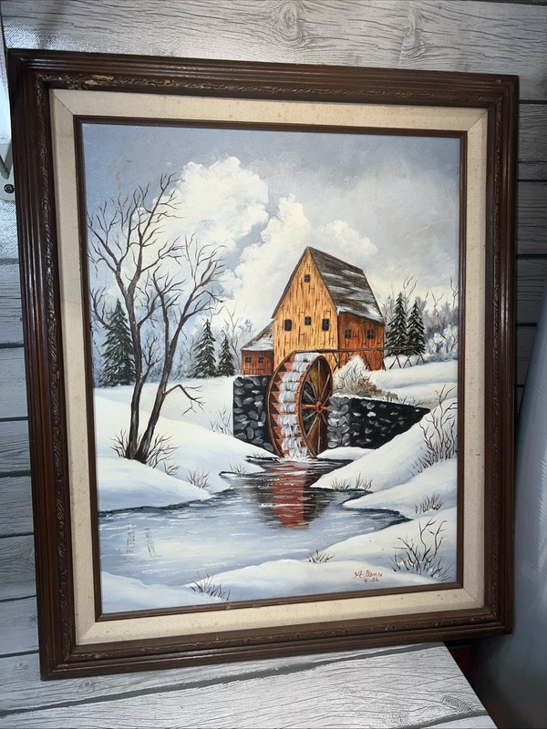Original Oil Painting Rustic Cabin Landscape 20×24” Vintage Framed Signed 1986