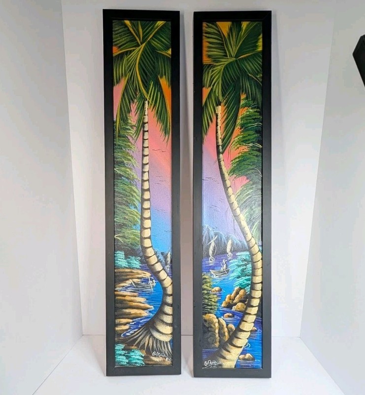 Pair Of Vintage Handpainted Haitian Tropical Beach Landscape Picture 31 x 6.5″