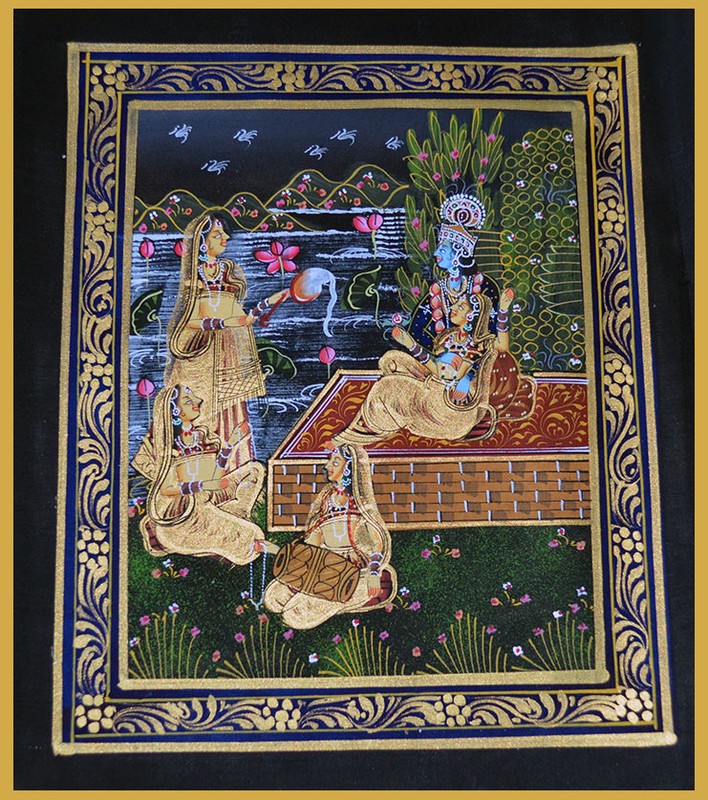 Radha Krishna Miniature Original Painting on Silk Cloth India Natural Colors! gallery