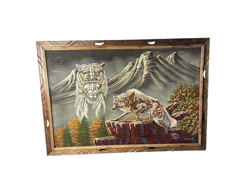 Vtg Ernesto Sanchez Velvet Painting Framed Wolf Native American Chief 36×23.5