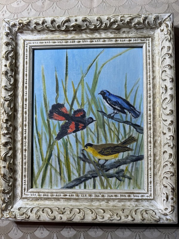 Angie Weiland 1963 «Warblers» Oil Painting – Framed And Signed