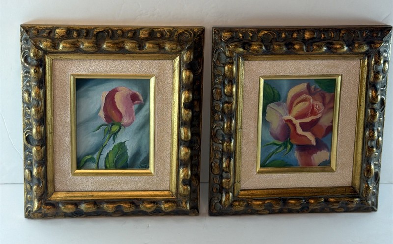 Vintage Signed Set of 2 Framed Still Life Canvas Paintings Art in Gilded Frames
